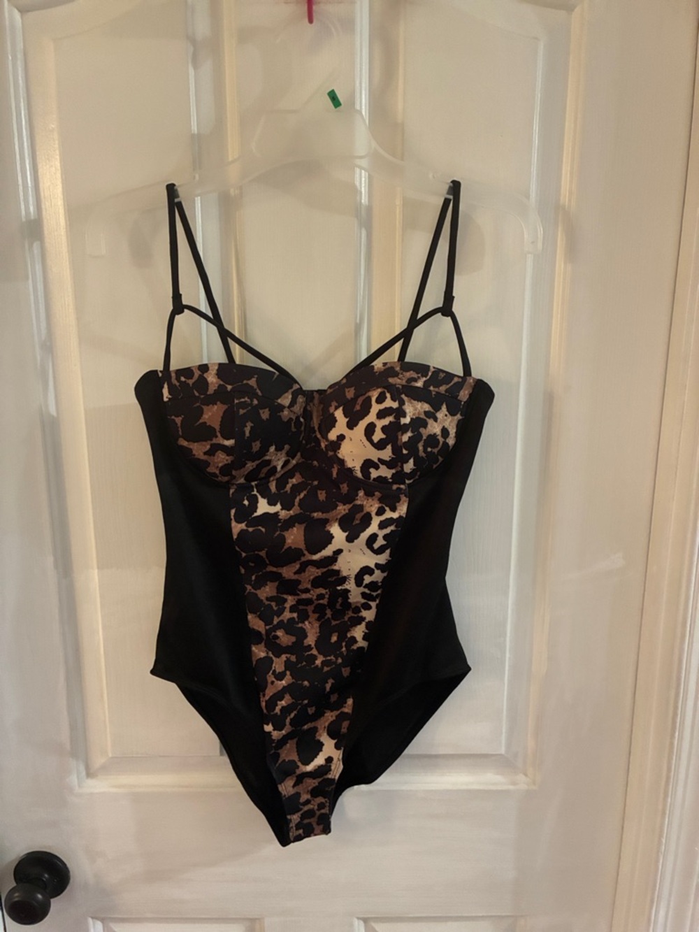 Women’s Black Bodysuit with Leopard Print Panel